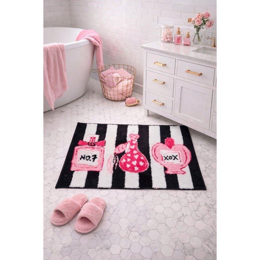 New Betsey Johnson Pink Black Perfume Soft Bathroom Bath Mat Rug Rubber Back